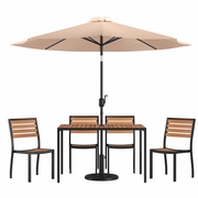 7 PIECE ALL-WEATHER DECK OR PATIO SET WITH 4 STACKING FAUX TEAK CHAIRS, 30" X 48" FAUX TEAK TABLE, TAN UMBRELLA & BASE <font color=green>FREE SHIPPING!</font>