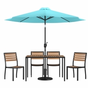 7 PIECE ALL-WEATHER DECK OR PATIO SET WITH 4 STACKING FAUX TEAK CHAIRS, 30" X 48" FAUX TEAK TABLE, TEAL UMBRELLA & BASE <font color=green>FREE SHIPPING!</font>