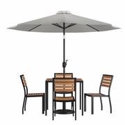 7 PIECE ALL-WEATHER DECK OR PATIO SET WITH 4 STACKING FAUX TEAK CHAIRS, 35" SQUARE FAUX TEAK TABLE, GRAY UMBRELLA & BASE <font color=green>FREE SHIPPING!</font>