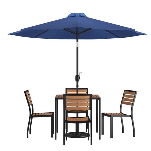7 PIECE ALL-WEATHER DECK OR PATIO SET WITH 4 STACKING FAUX TEAK CHAIRS, 35" SQUARE FAUX TEAK TABLE, NAVY UMBRELLA & BASE <font color=green>FREE SHIPPING!</font>