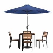 7 PIECE ALL-WEATHER DECK OR PATIO SET WITH 4 STACKING FAUX TEAK CHAIRS, 35" SQUARE FAUX TEAK TABLE, NAVY UMBRELLA & BASE <font color=green>FREE SHIPPING!</font>