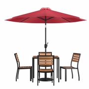 7 PIECE ALL-WEATHER DECK OR PATIO SET WITH 4 STACKING FAUX TEAK CHAIRS, 35" SQUARE FAUX TEAK TABLE, RED UMBRELLA & BASE <font color=green>FREE SHIPPING!</font>