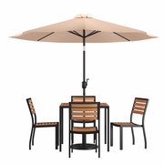 7 PIECE ALL-WEATHER DECK OR PATIO SET WITH 4 STACKING FAUX TEAK CHAIRS, 35" SQUARE FAUX TEAK TABLE, TAN UMBRELLA & BASE <font color=green>FREE SHIPPING!</font>