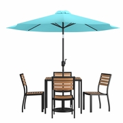 7 PIECE ALL-WEATHER DECK OR PATIO SET WITH 4 STACKING FAUX TEAK CHAIRS, 35" SQUARE FAUX TEAK TABLE, TEAL UMBRELLA & BASE <font color=green>FREE SHIPPING!</font>