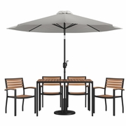 7 PIECE OUTDOOR PATIO DINING TABLE SET WITH 4 SYNTHETIC TEAK STACKABLE CHAIRS, 30" X 48" TABLE, GRAY UMBRELLA & BASE <font color=green>FREE SHIPPING!</font>
