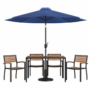 7 PIECE OUTDOOR PATIO DINING TABLE SET WITH 4 SYNTHETIC TEAK STACKABLE CHAIRS, 30" X 48" TABLE, NAVY UMBRELLA & BASE <font color=green>FREE SHIPPING!</font>