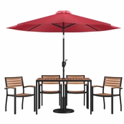 7 PIECE OUTDOOR PATIO DINING TABLE SET WITH 4 SYNTHETIC TEAK STACKABLE CHAIRS, 30" X 48" TABLE, RED UMBRELLA & BASE <font color=green>FREE SHIPPING!</font>
