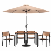 7 PIECE OUTDOOR PATIO DINING TABLE SET WITH 4 SYNTHETIC TEAK STACKABLE CHAIRS, 30" X 48" TABLE, TAN UMBRELLA & BASE <font color=green>FREE SHIPPING!</font>