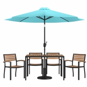 7 PIECE OUTDOOR PATIO DINING TABLE SET WITH 4 SYNTHETIC TEAK STACKABLE CHAIRS, 30" X 48" TABLE, TEAL UMBRELLA & BASE <font color=green>FREE SHIPPING!</font>
