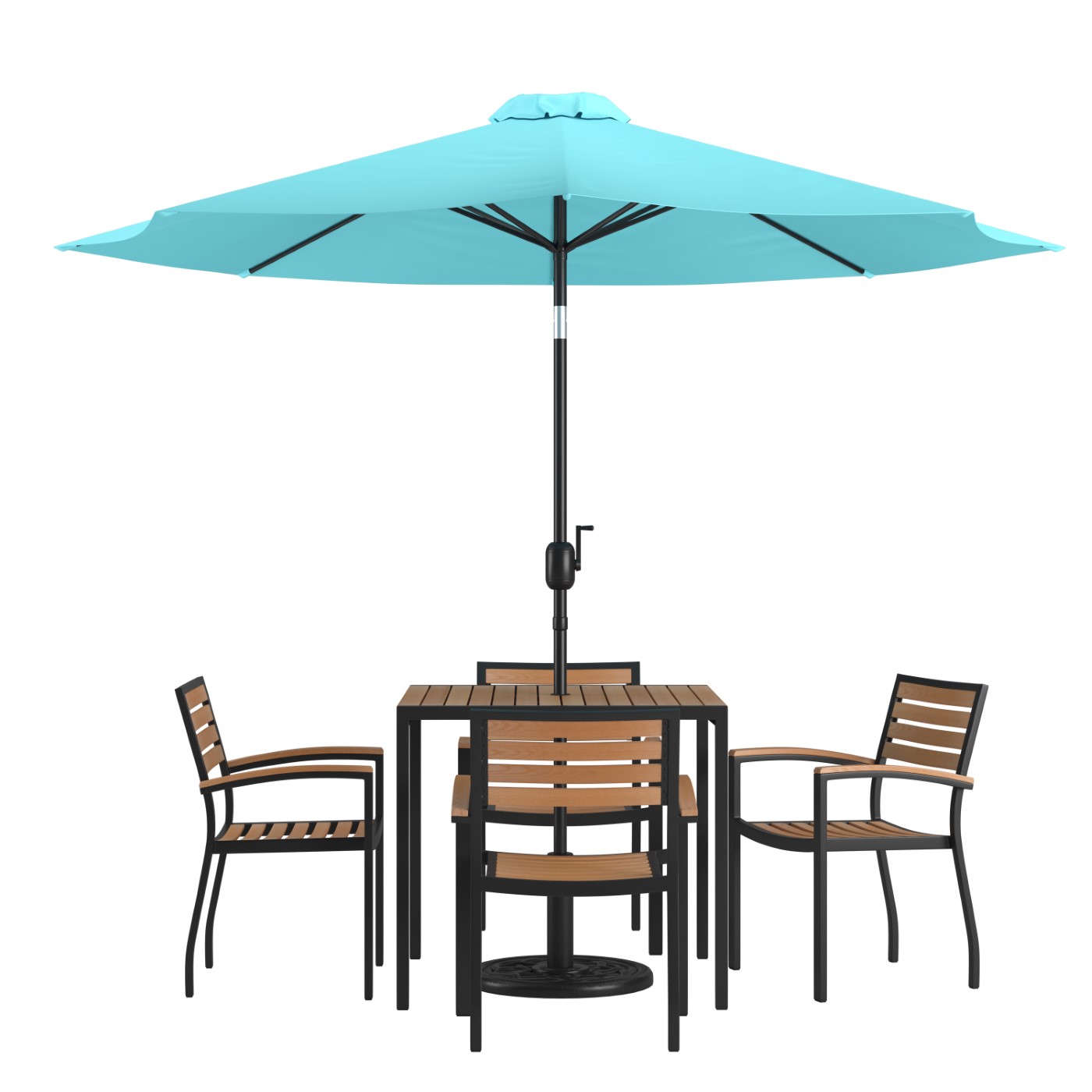 7 PIECE OUTDOOR PATIO DINING TABLE SET WITH 4 SYNTHETIC TEAK STACKABLE CHAIRS, 35" SQUARE TABLE, TEAL UMBRELLA & BASE <font color=green>FREE SHIPPING!</font> 7 PIECE OUTDOOR PATIO DINING TABLE SET WITH 4 SYNTHETIC TEAK STACKABLE CHAIRS, 35" SQUARE TABLE, TEAL UMBRELLA & BASE <font color=green>FREE SHIPPING!</font>