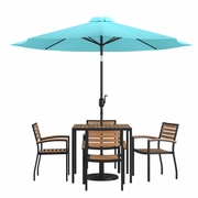 7 PIECE OUTDOOR PATIO DINING TABLE SET WITH 4 SYNTHETIC TEAK STACKABLE CHAIRS, 35" SQUARE TABLE, TEAL UMBRELLA & BASE <font color=green>FREE SHIPPING!</font>
