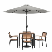 7 PIECE OUTDOOR PATIO TABLE SET WITH 4 SYNTHETIC TEAK STACKABLE CHAIRS, 35" SQUARE TABLE, GRAY UMBRELLA & BASE <font color=green>FREE SHIPPING!</font>