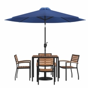 7 PIECE OUTDOOR PATIO TABLE SET WITH 4 SYNTHETIC TEAK STACKABLE CHAIRS, 35" SQUARE TABLE, NAVY UMBRELLA & BASE <font color=green>FREE SHIPPING!</font>