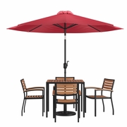7 PIECE OUTDOOR PATIO TABLE SET WITH 4 SYNTHETIC TEAK STACKABLE CHAIRS, 35" SQUARE TABLE, RED UMBRELLA & BASE <font color=green>FREE SHIPPING!</font>