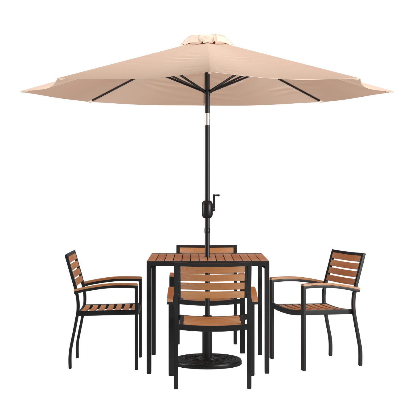 7 PIECE OUTDOOR PATIO TABLE SET WITH 4 SYNTHETIC TEAK STACKABLE CHAIRS, 35" SQUARE TABLE, TAN UMBRELLA & BASE <font color=green>FREE SHIPPING!</font> 7 PIECE OUTDOOR PATIO TABLE SET WITH 4 SYNTHETIC TEAK STACKABLE CHAIRS, 35" SQUARE TABLE, TAN UMBRELLA & BASE <font color=green>FREE SHIPPING!</font>