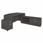 71 IN. HI-LOW BOW FRONT L DESK WITH SINGLE MOBILE PEDESTAL- ASH GREY <FONT COLOR=GREEN>-FREE SHIPPING-</FONT> 71 IN. HI-LOW BOW FRONT L DESK WITH SINGLE MOBILE PEDESTAL- ASH GREY <FONT COLOR=GREEN>-FREE SHIPPING-</FONT>