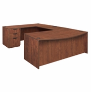71 X 35 IN. U DESK WITH BOW FRONT DOUBLE FULL PEDESTAL DRAWER UNIT- CHERRY <FONT COLOR=GREEN>-FREE SHIPPING-</FONT>