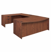 71 X 35 IN. U DESK WITH BOW FRONT DOUBLE PEDESTAL DRAWER UNIT- CHERRY <FONT COLOR=GREEN>-FREE SHIPPING-</FONT>