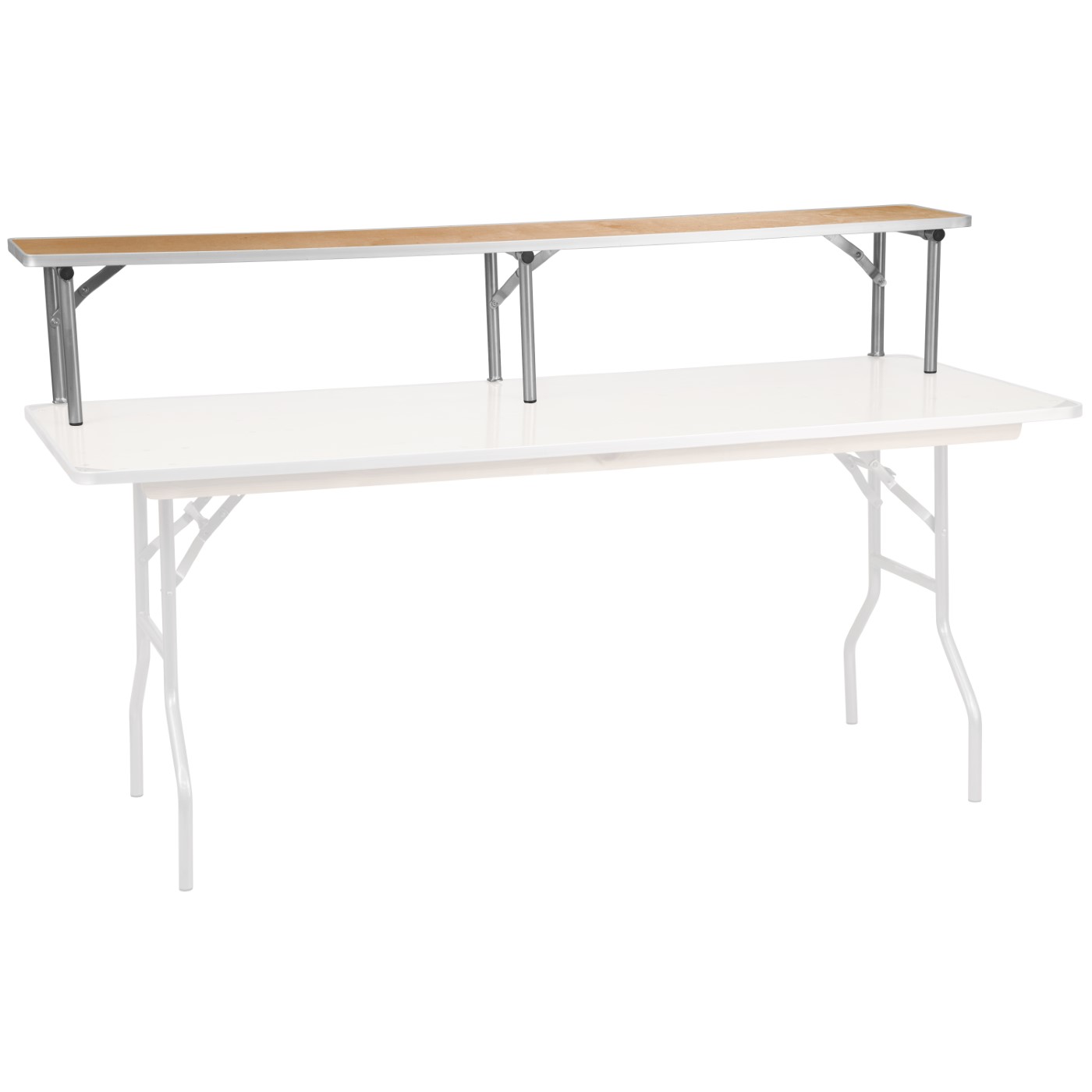 72'' X 12'' X 12'' BIRCHWOOD BAR TOP RISER WITH SILVER LEGS: <font color=green>FREE SHIPPING!</font> 72'' X 12'' X 12'' BIRCHWOOD BAR TOP RISER WITH SILVER LEGS: <font color=green>FREE SHIPPING!</font>