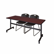 72 X 24 IN. FLIP-TOP TRAINING NESTING TABLE- MAHOGANY, 2 STACK CHAIRS- BLACK <FONT COLOR=GREEN>-FREE SHIPPING-</FONT>