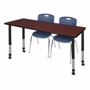72 X 24 IN. MOBILE ADJUSTABLE CLASSROOM TABLE- MAHOGANY & 2 ANDY 18 IN. STACK CHAIRS- BLUE <FONT COLOR=GREEN>-FREE SHIPPING-</FONT>
