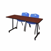 72 X 24 IN. MOBILE T-BASE TRAINING TABLE- CHERRY, 2 M STACK CHAIRS- BLUE <FONT COLOR=GREEN>-FREE SHIPPING-</FONT>