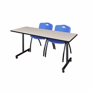 72 X 24 IN. MOBILE T-BASE TRAINING TABLE- MAPLE, 2 M STACK CHAIRS- BLUE <FONT COLOR=GREEN>-FREE SHIPPING-</FONT>