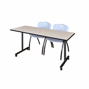 72 X 24 IN. MOBILE T-BASE TRAINING TABLE- MAPLE, 2 M STACK CHAIRS- GREY <FONT COLOR=GREEN>-FREE SHIPPING-</FONT>