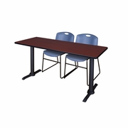 72 X 24 IN. T-BASE TRAINING SEMINAR TABLE- MAHOGANY & 2 STACK CHAIRS- BLUE <FONT COLOR=GREEN>-FREE SHIPPING-</FONT>