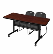 72 X 30 IN. FLIP-TOP PRIVACY NESTING TABLE- CHERRY, 2 STACK CHAIRS- BLACK <FONT COLOR=GREEN>-FREE SHIPPING-</FONT>