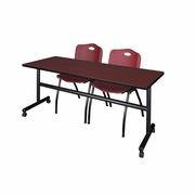 72 X 30 IN. FLIP-TOP TRAINING NESTING TABLE- MAHOGANY, 2 M STACK CHAIRS- BURGUNDY <FONT COLOR=GREEN>-FREE SHIPPING-</FONT>