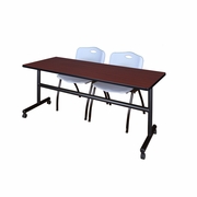 72 X 30 IN. FLIP-TOP TRAINING NESTING TABLE- MAHOGANY, 2 M STACK CHAIRS- GREY <FONT COLOR=GREEN>-FREE SHIPPING-</FONT>