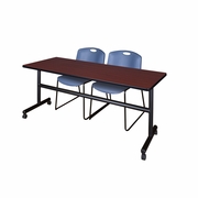 72 X 30 IN. FLIP-TOP TRAINING NESTING TABLE- MAHOGANY, 2 STACK CHAIRS- BLUE <FONT COLOR=GREEN>-FREE SHIPPING-</FONT>