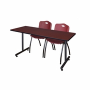 72 X 30 IN. T-BASE TRAINING SEMINAR TABLE- MAHOGANY, 2 M STACK CHAIRS- BURGUNDY <FONT COLOR=GREEN>-FREE SHIPPING-</FONT>
