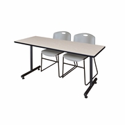 72 X 30 IN. T-BASE TRAINING SEMINAR TABLE- MAPLE, 2 STACK CHAIRS- GREY <FONT COLOR=GREEN>-FREE SHIPPING-</FONT>