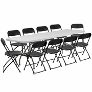 8' BI-FOLD GRANITE WHITE PLASTIC EVENT/TRAINING FOLDING TABLE SET WITH 10 FOLDING CHAIRS: <font color=green>FREE SHIPPING!</font>