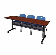 84 X 24 IN. FLIP-TOP PRIVACY NESTING TABLE- CHERRY, 2 M STACK CHAIRS- BLUE <FONT COLOR=GREEN>-FREE SHIPPING-</FONT>