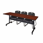 84 X 24 IN. FLIP-TOP PRIVACY NESTING TABLE- CHERRY, 2 STACK CHAIRS- BLACK <FONT COLOR=GREEN>-FREE SHIPPING-</FONT>