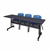 84 X 24 IN. FLIP-TOP PRIVACY NESTING TABLE- GREY, 2 M STACK CHAIRS- BLUE <FONT COLOR=GREEN>-FREE SHIPPING-</FONT>