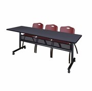 84 X 24 IN. FLIP-TOP PRIVACY NESTING TABLE- GREY, 2 M STACK CHAIRS- BURGUNDY <FONT COLOR=GREEN>-FREE SHIPPING-</FONT>