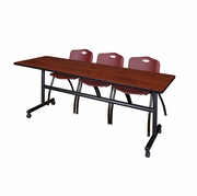 84 X 24 IN. FLIP-TOP TRAINING NESTING TABLE- CHERRY, 2 M STACK CHAIRS- BURGUNDY <FONT COLOR=GREEN>-FREE SHIPPING-</FONT>