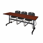 84 X 24 IN. FLIP-TOP TRAINING NESTING TABLE- CHERRY, 2 STACK CHAIRS- BLACK <FONT COLOR=GREEN>-FREE SHIPPING-</FONT>