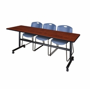 84 X 24 IN. FLIP-TOP TRAINING NESTING TABLE- CHERRY, 2 STACK CHAIRS- BLUE <FONT COLOR=GREEN>-FREE SHIPPING-</FONT>