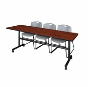 84 X 24 IN. FLIP-TOP TRAINING NESTING TABLE- CHERRY, 2 STACK CHAIRS- GREY <FONT COLOR=GREEN>-FREE SHIPPING-</FONT>