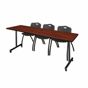 84 X 24 IN. MOBILE T-BASE TRAINING TABLE- CHERRY, 2 M STACK CHAIRS- BLACK <FONT COLOR=GREEN>-FREE SHIPPING-</FONT>