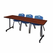84 X 24 IN. MOBILE T-BASE TRAINING TABLE- CHERRY, 2 M STACK CHAIRS- BLUE <FONT COLOR=GREEN>-FREE SHIPPING-</FONT>