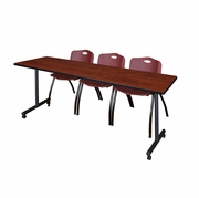 84 X 24 IN. MOBILE T-BASE TRAINING TABLE- CHERRY, 2 M STACK CHAIRS- BURGUNDY <FONT COLOR=GREEN>-FREE SHIPPING-</FONT>