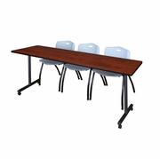 84 X 24 IN. MOBILE T-BASE TRAINING TABLE- CHERRY, 2 M STACK CHAIRS- GREY <FONT COLOR=GREEN>-FREE SHIPPING-</FONT>