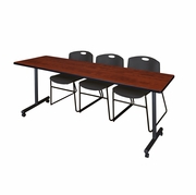 84 X 24 IN. MOBILE T-BASE TRAINING TABLE- CHERRY, 2 STACK CHAIRS- BLACK <FONT COLOR=GREEN>-FREE SHIPPING-</FONT>