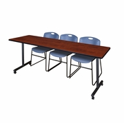 84 X 24 IN. MOBILE T-BASE TRAINING TABLE- CHERRY, 2 STACK CHAIRS- BLUE <FONT COLOR=GREEN>-FREE SHIPPING-</FONT>